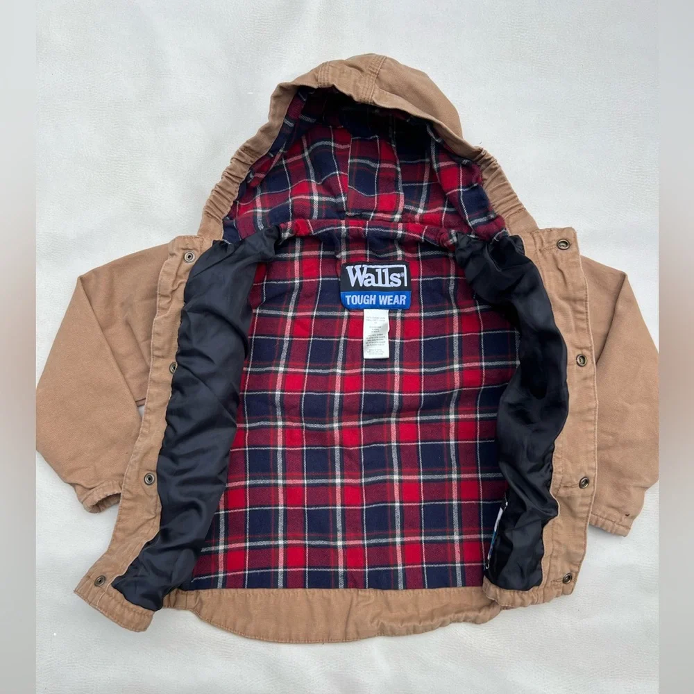 WALLS Tough Wear Tan Snap Flannel Red Plaid Lined Hooded Coat Jacket Boys Kids